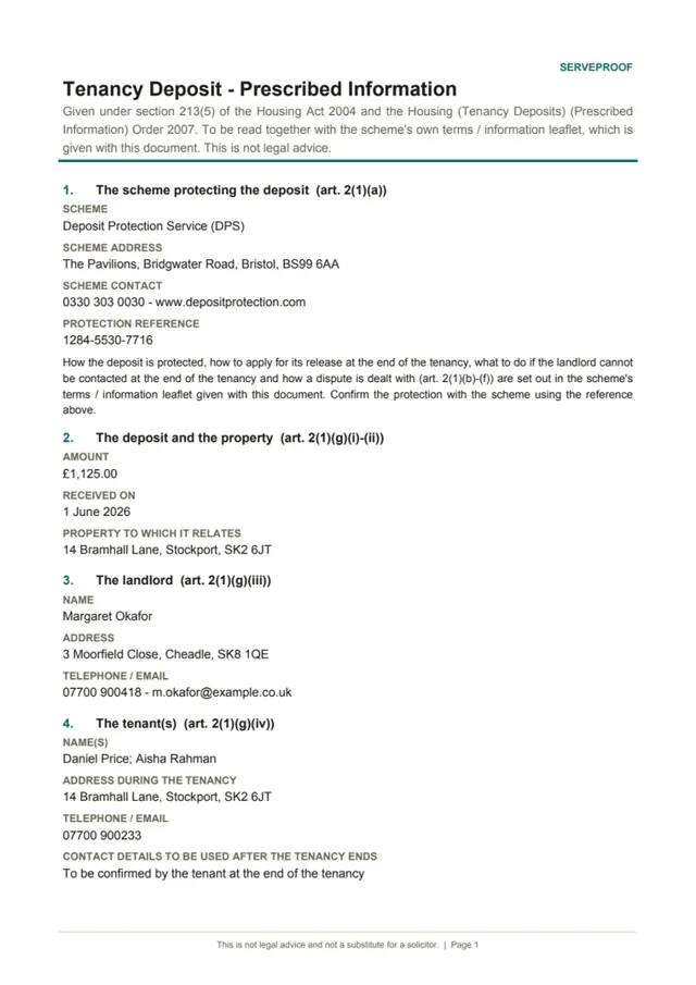 Page one of deposit prescribed information prepared by ServeProof for the sample tenancy, naming the Deposit Protection Service.