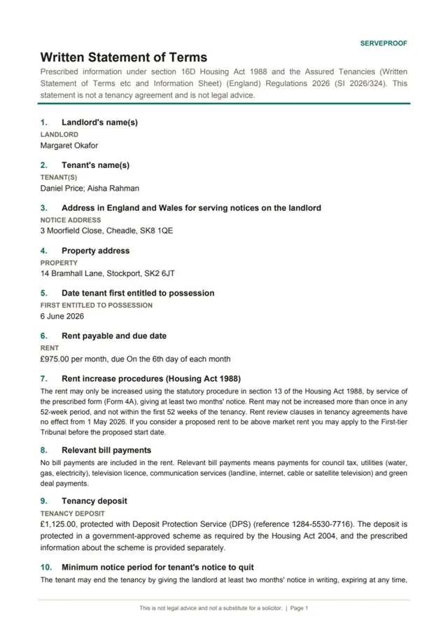 Page one of a Written Statement of Terms prepared by ServeProof for a sample tenancy at 14 Bramhall Lane, Stockport.